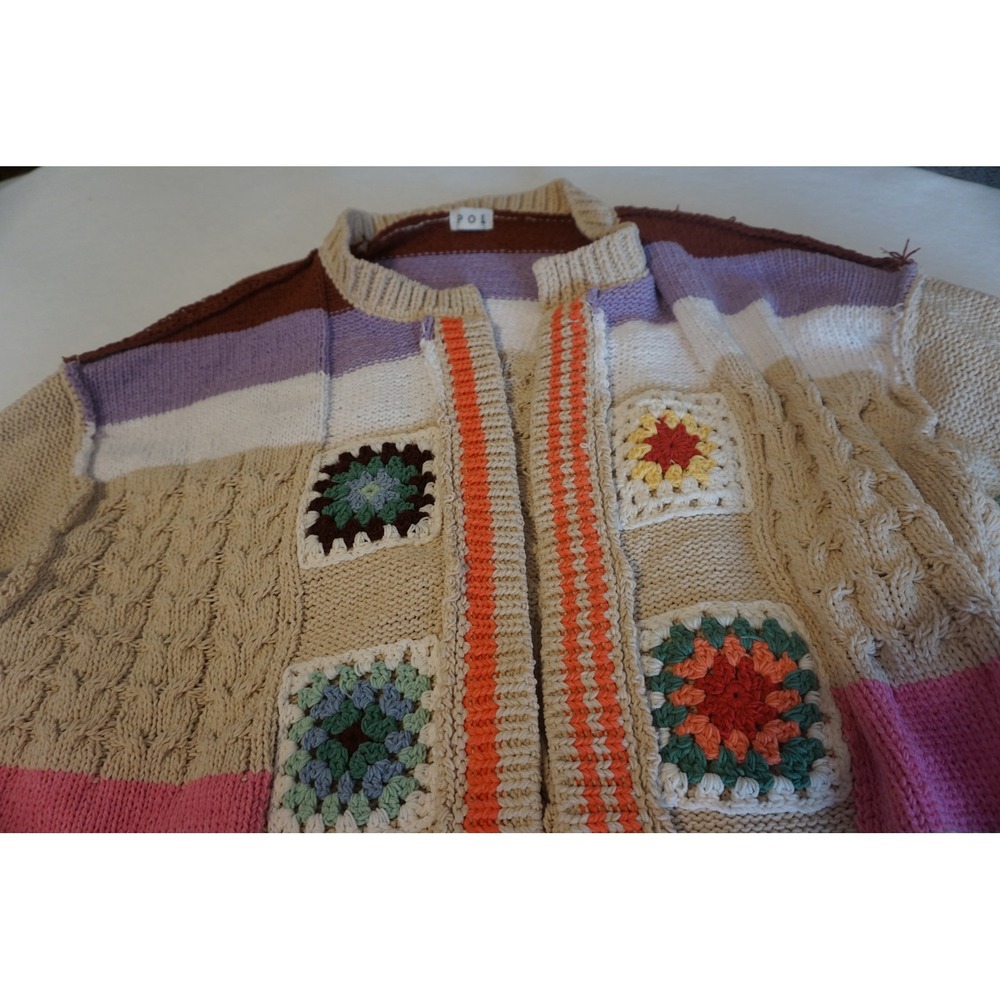 POL Patchwork Granny Square Crochet Cardigan Sweater Womens Medium YST336 Multi - Picture 3 of 12